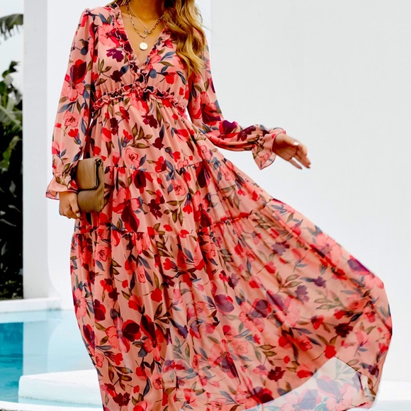 Floral Ruffled Maxi Dress. Size Large Color: Floral - Picture 1 of 8